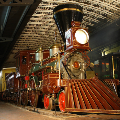 red and black train inside of duluth's railroad museum